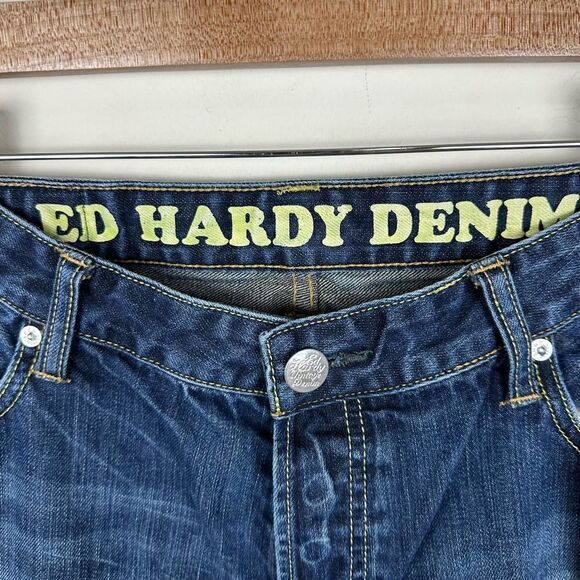 Ed Hardy Distressed Button Fly Blue Denim Jeans Men’s 38 x 32 - Picture 2 of 16